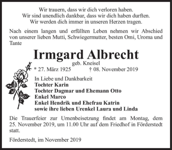 Traueranzeige von Irmgard Albrecht (geb. Kneisel)  von Magdeburger Volksstimme