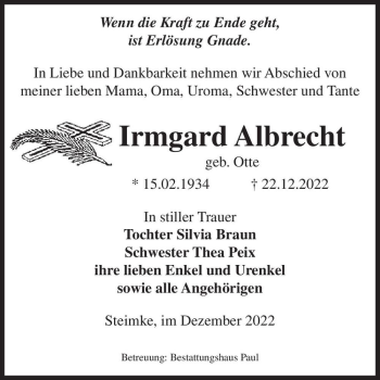 Traueranzeige von Irmgard Albrecht (geb. Otte)  von Magdeburger Volksstimme