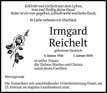 Traueranzeige von Irmgard Anna Hildegard Reichelt (geb. Deutsch)  von Magdeburger Volksstimme