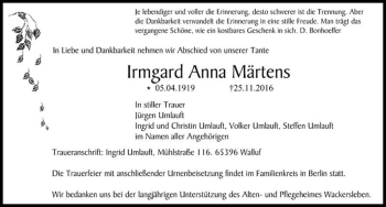 Traueranzeige von Irmgard Anna Märtens  von Magdeburger Volksstimme