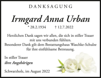 Traueranzeige von Irmgard Anna Urban  von Magdeburger Volksstimme