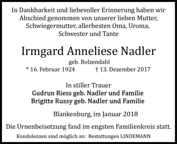 Traueranzeige von Irmgard Anneliese Nadler (geb. Bolzendahl)  von Magdeburger Volksstimme