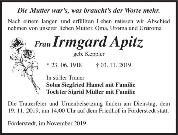 Traueranzeige von Irmgard Apitz (geb. Keppler)  von Magdeburger Volksstimme