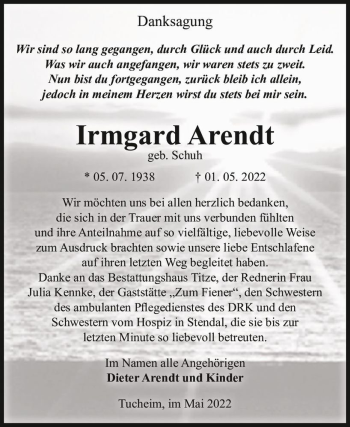 Traueranzeige von Irmgard Arendt (geb. Schuh)  von Magdeburger Volksstimme