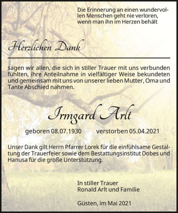 Traueranzeige von Irmgard Arlt  von Magdeburger Volksstimme