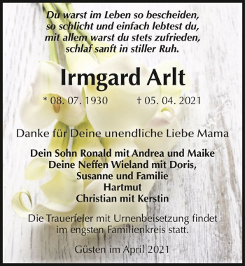 Traueranzeige von Irmgard Arlt  von Magdeburger Volksstimme