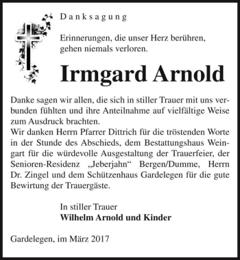 Traueranzeige von Irmgard Arnold  von Magdeburger Volksstimme