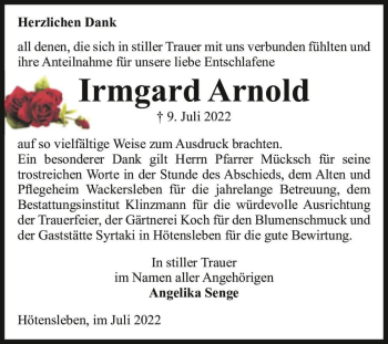 Traueranzeige von Irmgard Arnold  von Magdeburger Volksstimme