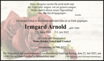 Traueranzeige von Irmgard Arnold (geb. Gatz)  von Magdeburger Volksstimme