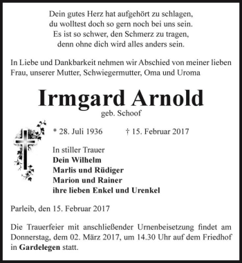 Traueranzeige von Irmgard Arnold (geb. Schoof)  von Magdeburger Volksstimme