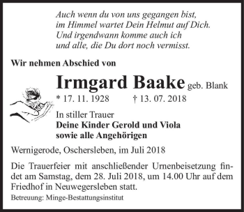 Traueranzeige von Irmgard Baake (geb. Blank)  von Magdeburger Volksstimme