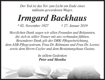 Traueranzeige von Irmgard Backhaus  von Magdeburger Volksstimme
