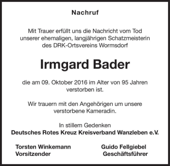 Traueranzeige von Irmgard Bader  von Magdeburger Volksstimme
