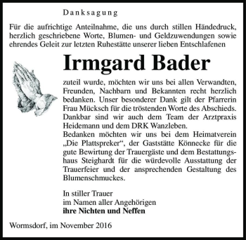 Traueranzeige von Irmgard Bader  von Magdeburger Volksstimme