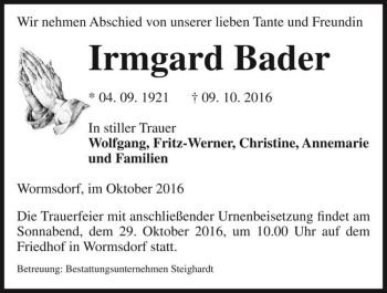 Traueranzeige von Irmgard Bader  von Magdeburger Volksstimme