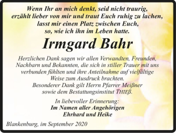 Traueranzeige von Irmgard Bahr  von Magdeburger Volksstimme