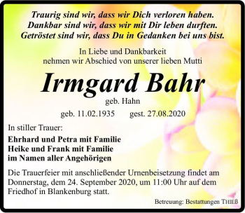 Traueranzeige von Irmgard Bahr (geb. Hahn)  von Magdeburger Volksstimme