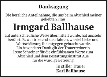 Traueranzeige von Irmgard Ballhause  von Magdeburger Volksstimme