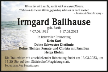 Traueranzeige von Irmgard Ballhause (geb. Barth)  von Magdeburger Volksstimme