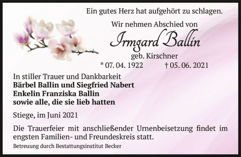  Traueranzeige für Irmgard Ballin (geb. Kirschner)  vom 12.06.2021 aus Magdeburger Volksstimme