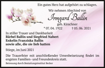 Traueranzeige von Irmgard Ballin (geb. Kirschner)  von Magdeburger Volksstimme
