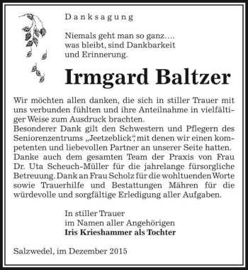 Traueranzeige von Irmgard Baltzer  von Magdeburger Volksstimme