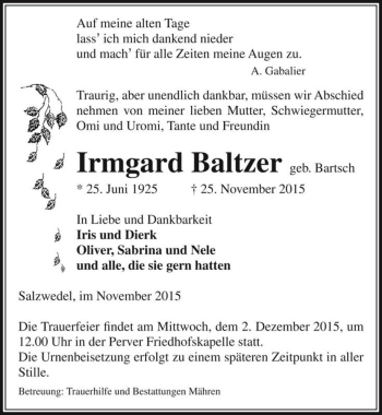 Traueranzeige von Irmgard Baltzer (geb. Bartsch)  von Magdeburger Volksstimme