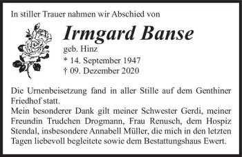 Traueranzeige von Irmgard Banse (geb. Hinz)  von Magdeburger Volksstimme