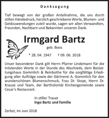 Traueranzeige von Irmgard Bartz (geb. Boos)  von Magdeburger Volksstimme