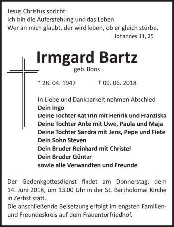 Traueranzeige von Irmgard Bartz (geb. Boos)  von Magdeburger Volksstimme