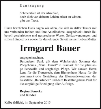 Traueranzeige von Irmgard Bauer  von Magdeburger Volksstimme