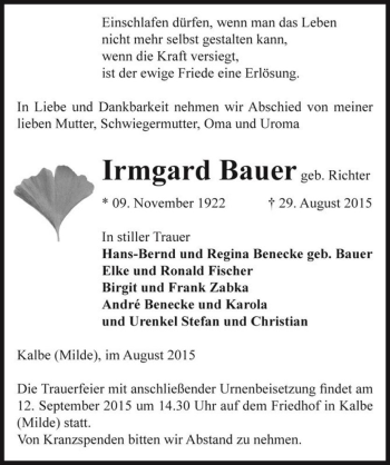 Traueranzeige von Irmgard Bauer (geb. Richter)  von Magdeburger Volksstimme