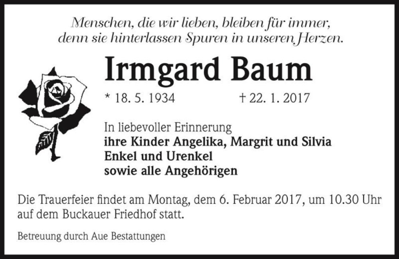  Traueranzeige für Irmgard Baum  vom 28.01.2017 aus Magdeburger Volksstimme