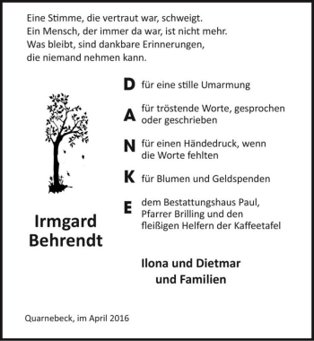 Traueranzeige von Irmgard Behrendt  von Magdeburger Volksstimme