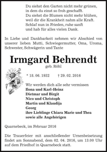 Traueranzeige von Irmgard Behrendt (geb. Röhl)  von Magdeburger Volksstimme