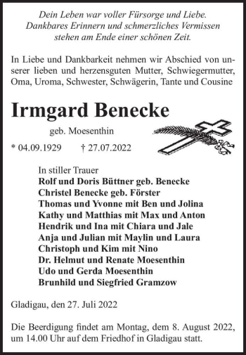Traueranzeige von Irmgard Benecke (geb. Moesenthin)  von Magdeburger Volksstimme
