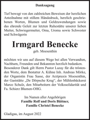 Traueranzeige von Irmgard Benecke (geb. Moesenthin)  von Magdeburger Volksstimme