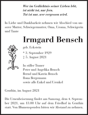 Traueranzeige von Irmgard Bensch (geb. Eckstein)  von Magdeburger Volksstimme