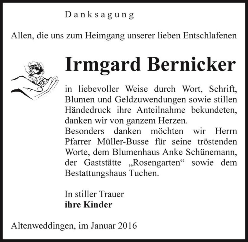  Traueranzeige für Irmgard Bernicker  vom 16.01.2016 aus Magdeburger Volksstimme