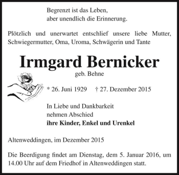 Traueranzeige von Irmgard Bernicker (geb. Behne)  von Magdeburger Volksstimme