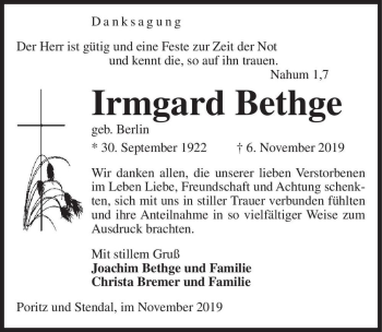 Traueranzeige von Irmgard Bethge (geb. Berlin)  von Magdeburger Volksstimme