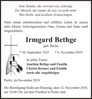 Traueranzeige von Irmgard Bethge (geb. Berlin)  von Magdeburger Volksstimme