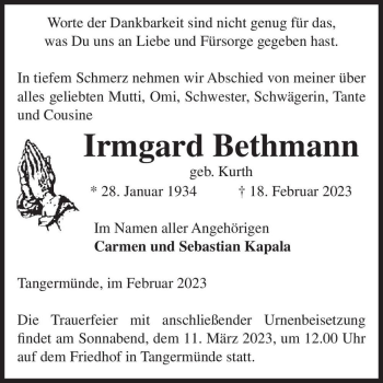Traueranzeige von Irmgard Bethmann (geb. Kurth)  von Magdeburger Volksstimme