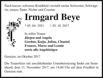 Traueranzeige von Irmgard Beye  von Magdeburger Volksstimme