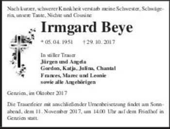 Traueranzeige von Irmgard Beye  von Magdeburger Volksstimme