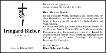 Traueranzeige von Irmgard Bieber  von Magdeburger Volksstimme