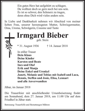 Traueranzeige von Irmgard Bieber (geb. Stein)  von Magdeburger Volksstimme