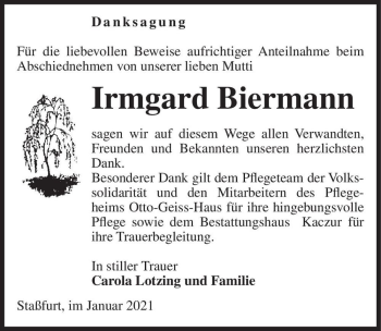 Traueranzeige von Irmgard Biermann  von Magdeburger Volksstimme