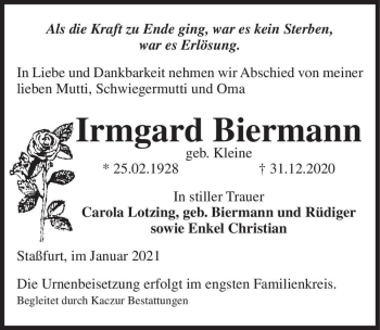 Traueranzeige von Irmgard Biermann (geb. Kleine)  von Magdeburger Volksstimme