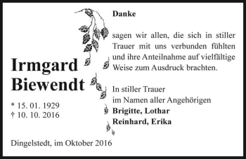 Traueranzeige von Irmgard Biewendt  von Magdeburger Volksstimme